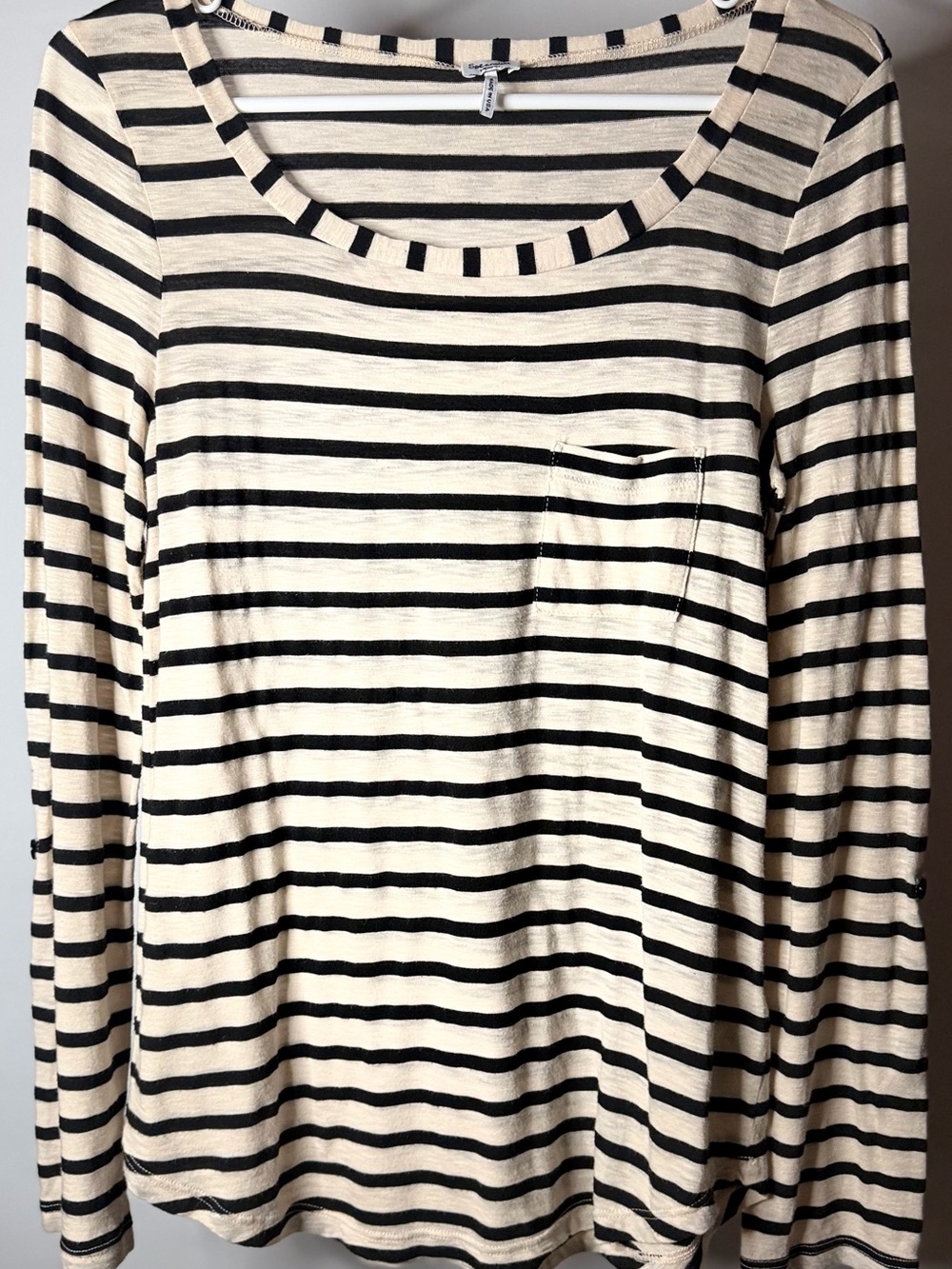 Splendid Black and Cream Striped Long-Sleeve Pocket Tee